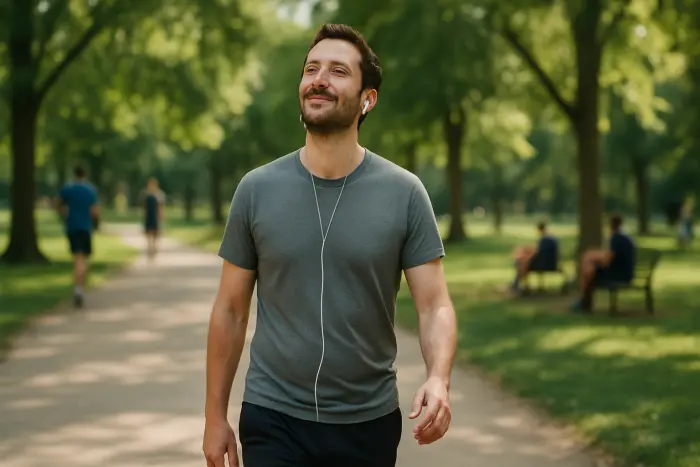 A person in casual athletic wear taking a refreshing walk in a local park, deliberately taking a break from job searching. They're looking upward with a slight smile, suggesting mental clarity and renewed perspective. The park setting shows other people engaged in various activities - some exercising, others relaxing. The scene captures the physical reset aspect of burnout recovery with natural greenery, open space, and soft natural lighting creating a restorative atmosphere. The person's body language suggests relief and renewed energy. Photo-realistic, professional photography, high-resolution, natural lighting, authentic details.