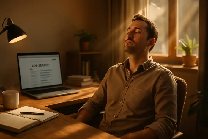 A person sits in a comfortable home office space taking a mindful moment away from job searching. They're in a relaxed posture with eyes closed, practicing deep breathing. The workspace shows signs of job search materials (notebook, computer) but the focus is on the person's moment of self-care. Natural light streams through a nearby window, creating a warm, hopeful atmosphere. A cup of tea sits nearby. The scene captures the balance between persistence and necessary self-care during a job search. Photo-realistic, professional photography, high-resolution, natural lighting, authentic details.