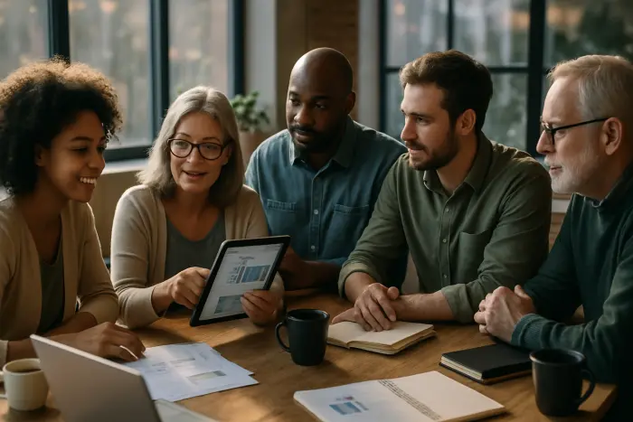 A diverse group of job seekers gathered in a modern community workspace. The scene shows people of various ages and backgrounds collaborating around a large table with laptops, notebooks, and coffee cups. Some are reviewing financial documents while others are engaged in supportive conversation. The space has large windows providing natural light, creating an atmosphere of productivity and community. One person is showing another a budget spreadsheet on their tablet. The environment suggests a job search support group or workshop focused on financial planning during career transitions. Photo-realistic, professional photography, high-resolution, natural lighting, authentic details.