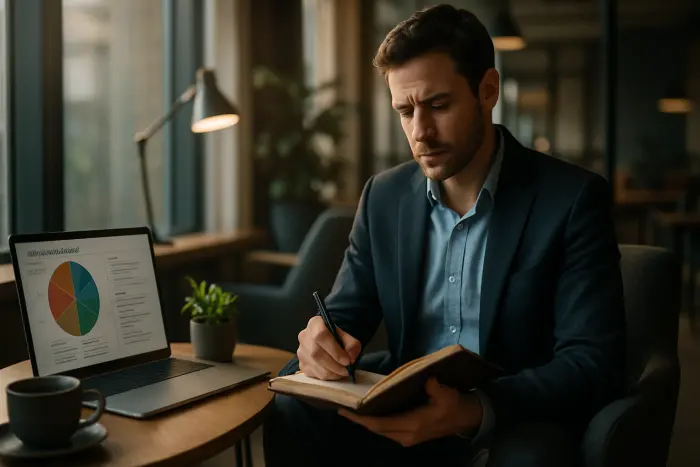 A professional with a thoughtful expression sits in a quiet corner of a modern coworking space, engaged in writing in a journal. They're surrounded by a few carefully arranged items - a laptop displaying a personality assessment, a cup of tea, and a small plant. The space feels calm and intentional, with soft natural lighting creating a peaceful atmosphere. The person appears to be reflecting on their strengths and preferences, with a sense of self-discovery evident in their expression. Photo-realistic, professional photography, high-resolution, natural lighting, authentic details.
