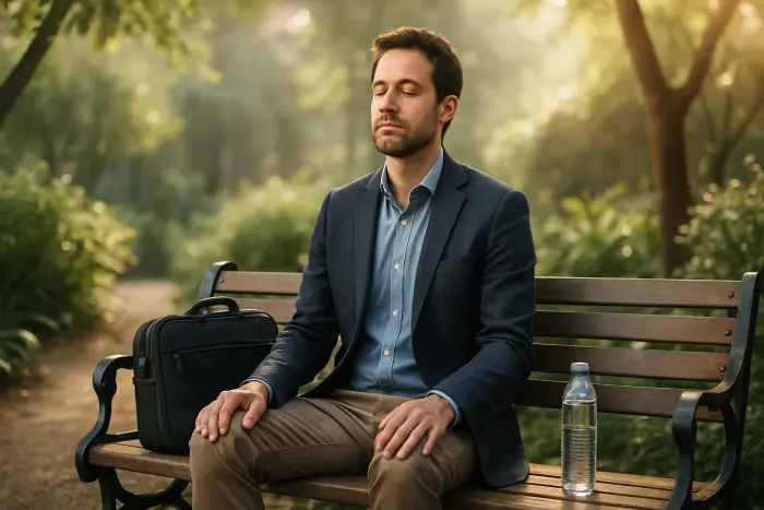 A person taking a mindful break between job search activities in a peaceful outdoor setting. They're sitting on a bench in a small garden or park, eyes closed in a moment of meditation. Their posture shows relaxation but alertness - shoulders relaxed, back straight, hands resting comfortably. Next to them is a closed laptop bag and a water bottle. The natural environment features gentle greenery and filtered sunlight through trees, creating a restorative atmosphere. The scene captures the essential balance between effort and renewal in an introvert's job search journey. Photo-realistic, professional photography, high-resolution, natural lighting, authentic details.