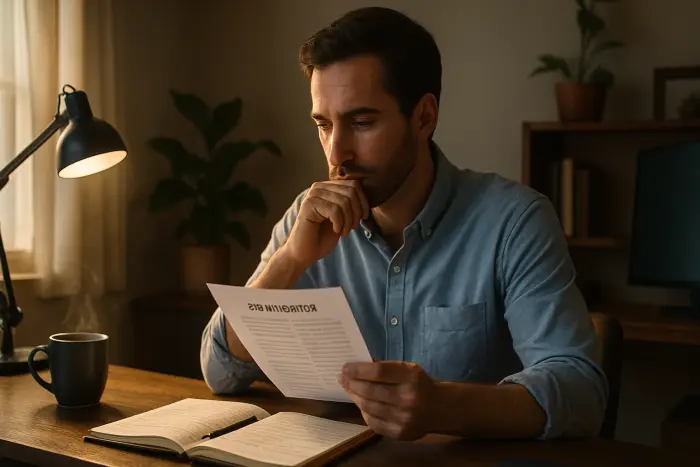 A thoughtful professional with a calm, focused expression sits at a modern desk in a home office setting. They're reviewing job application materials with a notebook nearby containing organized notes. Natural light streams in through a nearby window, creating a warm, peaceful atmosphere. The scene conveys quiet concentration and purposeful preparation rather than stress. The workspace is neat but personalized with minimal decorations. The professional is dressed in business casual attire appropriate for video interviews. Photo-realistic, professional photography, high-resolution, natural lighting, authentic details.