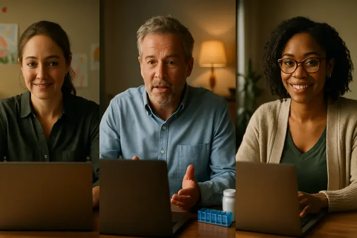 A diverse group of three caregivers (different ages, genders, and ethnicities) participating in a virtual job interview via laptop computers from their home environments. Each caregiver's space shows subtle evidence of their caregiving role - one has children's artwork visible, another has medication organizers nearby, and the third has adaptive equipment in the background. Their expressions show confidence and engagement in the professional conversation despite their caregiving settings. The lighting is warm and natural, creating an authentic feel to these home-based professional interactions. Photo-realistic, professional photography, high-resolution, natural lighting, authentic details.