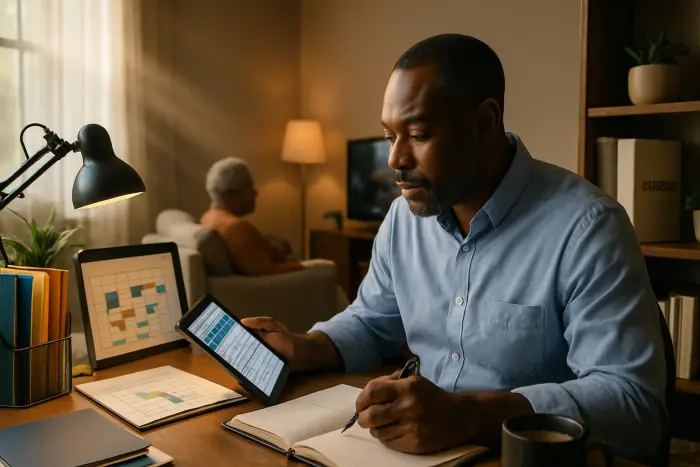 A middle-aged Black man in casual professional attire (button-up shirt, no tie) sits at a small desk in a corner of a living room that's been converted to a home office space. He's reviewing job postings on a tablet while making notes in a planner. In the background, an elderly woman (his mother) is comfortably seated watching television. The desk is organized with a simple system - color-coded folders, a calendar with clearly marked time blocks, and a small whiteboard with a weekly schedule. A caregiving binder is visible on a nearby shelf. The scene conveys thoughtful organization within the constraints of a shared caregiving space. Photo-realistic, professional photography, high-resolution, natural lighting, authentic details.