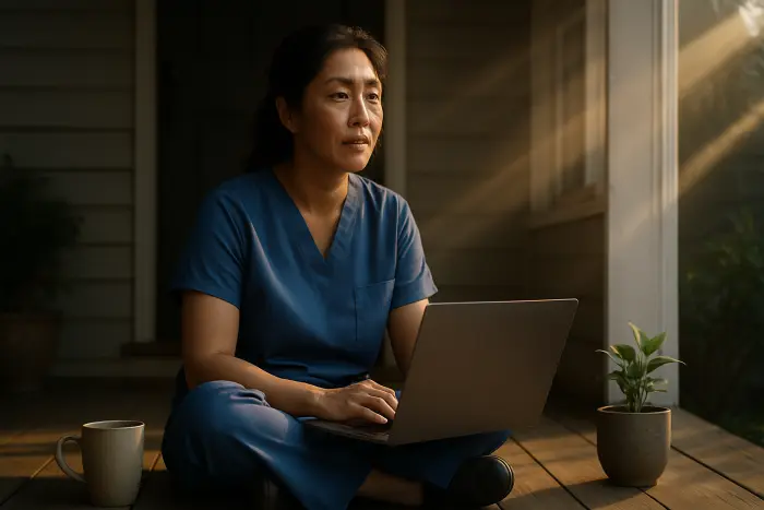 A woman in her 40s with East Asian features wearing nursing scrubs sits on her porch with a laptop, clearly taking a moment for herself between responsibilities. A mug of tea and a small plant sit beside her. Her expression shows peaceful determination as she takes this brief self-care break. The porch setting suggests a transitional space between work and home caregiving duties. The early morning light creates a hopeful atmosphere, symbolizing new possibilities despite challenging responsibilities. Her posture shows both fatigue and resilience - the reality of balancing multiple demanding roles. Photo-realistic, professional photography, high-resolution, natural lighting, authentic details.