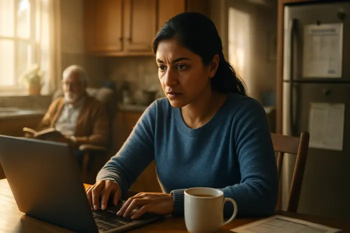 A mid-30s woman of South Asian descent sits at a kitchen table with a laptop open in front of her, clearly engaged in job searching. She wears casual but neat clothing - a comfortable blue sweater. In the background, an elderly man (her father) can be seen reading in a comfortable chair. The kitchen is warm and lived-in, with natural morning light streaming through windows. A cup of tea sits beside her laptop, and a caregiving schedule is partially visible on the refrigerator. Her expression shows determination and focus despite the dual responsibilities. The scene captures the balance between professional aspirations and family care duties. Photo-realistic, professional photography, high-resolution, natural lighting, authentic details. A mid-30s woman of South Asian descent sits at a kitchen table with a laptop open in front of her, clearly engaged in job searching. She wears casual but neat clothing - a comfortable blue sweater. In the background, an elderly man (her father) can be seen reading in a comfortable chair. The kitchen is warm and lived-in, with natural morning light streaming through windows. A cup of tea sits beside her laptop, and a caregiving schedule is partially visible on the refrigerator. Her expression shows determination and focus despite the dual responsibilities. The scene captures the balance between professional aspirations and family care duties. Photo-realistic, professional photography, high-resolution, natural lighting, authentic details.