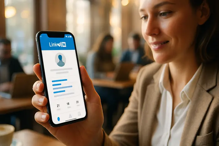 A close-up of a smartphone displaying the LinkedIn app profile view screen with analytics data visible but no readable text. The phone is being held by a person wearing business casual attire in a coffee shop setting. Other professionals can be seen working on laptops in the background, suggesting a networking or coworking environment. The lighting is warm and inviting with soft natural light coming through large windows. The person's expression shows interest and engagement with the data they're viewing. Photo-realistic, professional photography, high-resolution, natural lighting, authentic details.