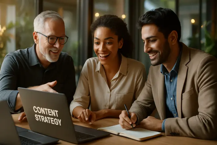 A diverse group of three professionals collaborating around a table with laptops open, engaged in discussion about content strategy. The setting is a modern, bright office space with glass walls and plants visible in the background. One person is gesturing toward a laptop screen while others are nodding and taking notes. Their expressions show enthusiasm and creative engagement. The professionals represent different ages, genders, and backgrounds, all dressed in contemporary business casual attire. No visible text on screens or documents. The atmosphere conveys teamwork and professional development. Photo-realistic, professional photography, high-resolution, natural lighting, authentic details.