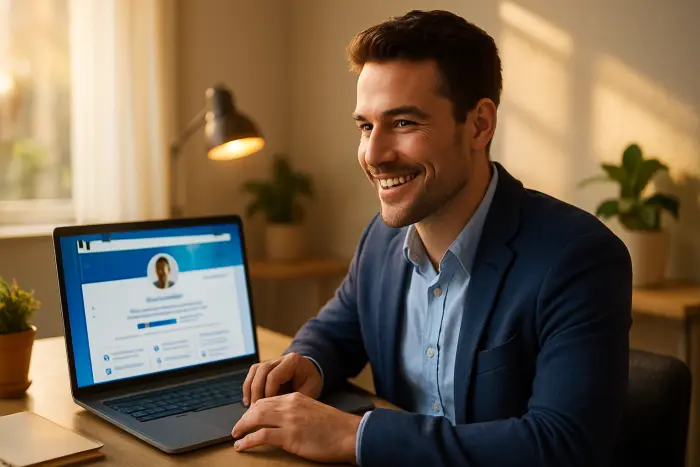 A professional using LinkedIn on a laptop in a modern, bright home office setting. The person is smiling confidently while reviewing their LinkedIn profile. The screen shows a LinkedIn profile page with the blue and white interface clearly visible but no readable text. The workspace includes a few personal touches like a small plant, a notebook, and a coffee mug. Natural light streams in from a nearby window, creating a warm, inviting atmosphere. The person is dressed in smart-casual attire appropriate for a video interview or professional networking. Photo-realistic, professional photography, high-resolution, natural lighting, authentic details. A professional using LinkedIn on a laptop in a modern, bright home office setting. The person is smiling confidently while reviewing their LinkedIn profile. The screen shows a LinkedIn profile page with the blue and white interface clearly visible but no readable text. The workspace includes a few personal touches like a small plant, a notebook, and a coffee mug. Natural light streams in from a nearby window, creating a warm, inviting atmosphere. The person is dressed in smart-casual attire appropriate for a video interview or professional networking. Photo-realistic, professional photography, high-resolution, natural lighting, authentic details.