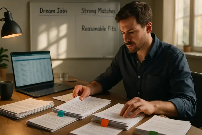 A person at a desk organizing job applications into three distinct piles marked with colored tabs. The workspace shows a systematic approach with a laptop displaying a job tracking spreadsheet, and a whiteboard in the background with categories labeled 'Dream Jobs', 'Strong Matches', and 'Reasonable Fits'. The person is thoughtfully reviewing a document while referencing notes. The scene conveys organization and strategic planning with natural lighting from a nearby window. Photo-realistic, professional photography, high-resolution, natural lighting, authentic details.