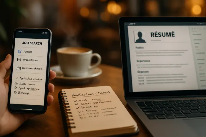 A split-screen view of modern job application tools. On one side, a smartphone displays a job search app with application status notifications. On the other side, a tablet shows a customizable resume template being edited. Between them sits a notebook with a handwritten application checklist and timeline. The scene is set in a coffee shop with warm ambient lighting, suggesting job searching on-the-go. The tools represent a blend of digital efficiency and personal organization methods. Photo-realistic, professional photography, high-resolution, natural lighting, authentic details.