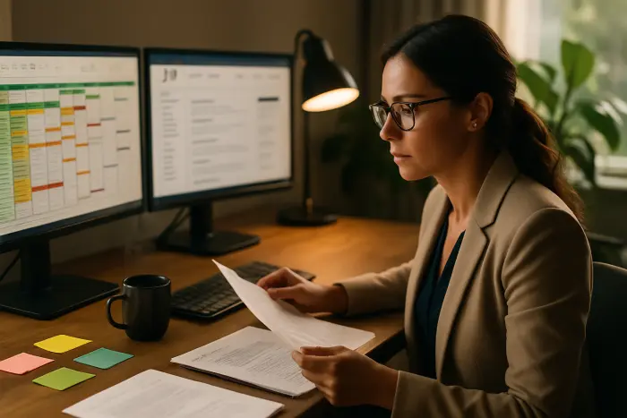A professional woman in business casual attire sits at a modern home office desk with dual monitors displaying job application dashboards. She's organizing her job search with a color-coded spreadsheet visible on one screen and a job board on the other. Several colorful sticky notes are arranged on her desk, and she has a determined expression as she reviews application materials. The warm, natural lighting creates a productive atmosphere with some greenery visible in the background. Photo-realistic, professional photography, high-resolution, natural lighting, authentic details.