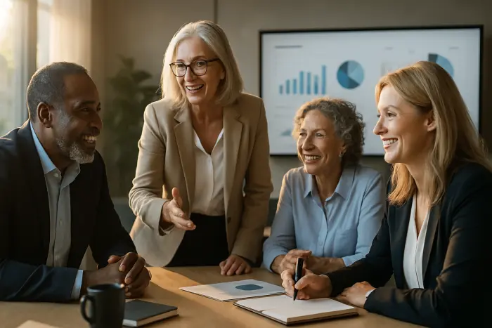 A diverse group of mature professionals (50+) engaged in a collaborative meeting in a modern office space. The scene shows a mix of ages and backgrounds with the mature workers taking active roles in the discussion. A digital presentation screen shows data visualizations in the background. The mature professionals are dressed in contemporary business attire, looking engaged and energetic. The lighting is bright and natural, creating an atmosphere of productivity and positivity. Photo-realistic, professional photography, high-resolution, natural lighting, authentic details.