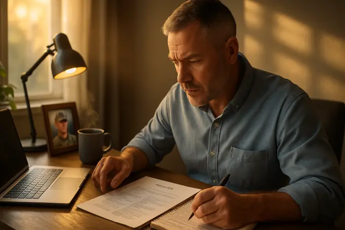 A veteran in business casual attire sits at a home office desk, focused on translating military experience on a resume. The desk shows a laptop, coffee mug, and a framed military photo partially visible. A notebook contains handwritten notes comparing military terms with civilian equivalents. The veteran appears determined yet slightly uncertain, capturing the challenge of skills translation. Warm morning light filters through nearby windows. Photo-realistic, professional photography, high-resolution, natural lighting, authentic details.