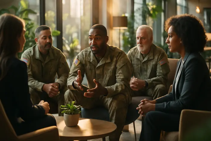 A diverse group of veterans and civilian professionals interact in an informal networking setting at a modern co-working space. Three veterans of different ages and backgrounds engage with business professionals around a casual seating area with comfortable chairs and a coffee table. Body language shows active listening and engagement as one veteran gestures while explaining a concept. The environment features plants, natural light, and contemporary design elements. No visible text materials or documents present. Photo-realistic, professional photography, high-resolution, natural lighting, authentic details.