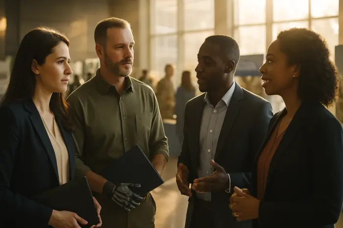 A diverse group of four veterans in business casual attire engaged in a professional networking event. The scene shows a woman in her 30s in a navy blazer and a man in his 40s with a visible prosthetic hand discussing career opportunities with two corporate recruiters. They're standing in a modern conference center with military transition resource booths visible in the background. The veterans appear confident yet slightly cautious as they navigate this civilian professional environment. Natural lighting streams through large windows, creating a warm, optimistic atmosphere. Photo-realistic, professional photography, high-resolution, natural lighting, authentic details.
