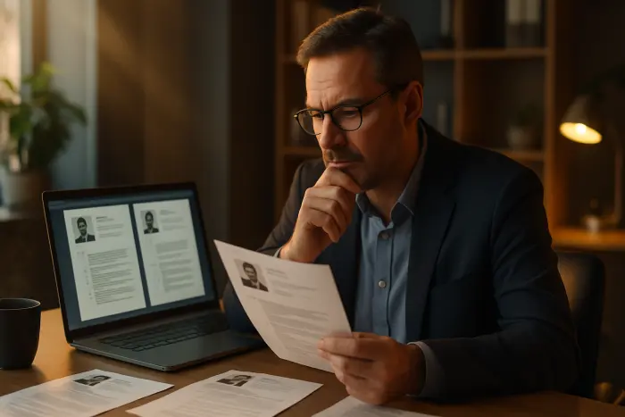 A hiring manager in their 40s (Gen X) reviewing job applications with a thoughtful expression. The workspace shows a blend of digital and traditional elements - a laptop open to resume files alongside printed materials. The environment is a modern office with warm lighting and professional atmosphere. The manager's body language suggests careful evaluation and consideration of different candidate profiles displayed on screen and paper. Photo-realistic, professional photography, high-resolution, natural lighting, authentic details.