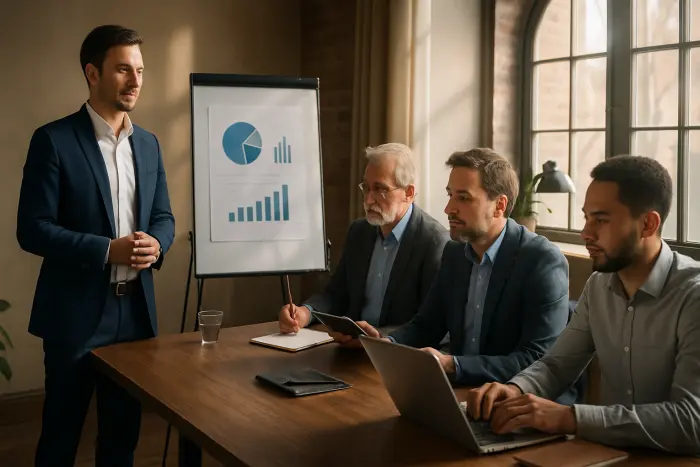 A job interview scene showing a candidate in their early 30s presenting to a diverse panel of three interviewers from different generations. The candidate stands confidently beside a simple visual presentation while the panel includes an older Baby Boomer taking notes on paper, a Gen X manager with both digital tablet and notepad, and a younger Millennial focused on a laptop. The meeting room features a blend of traditional and modern design elements with natural lighting. Body language shows engaged listening and professional interaction across the generational spectrum. Photo-realistic, professional photography, high-resolution, natural lighting, authentic details.