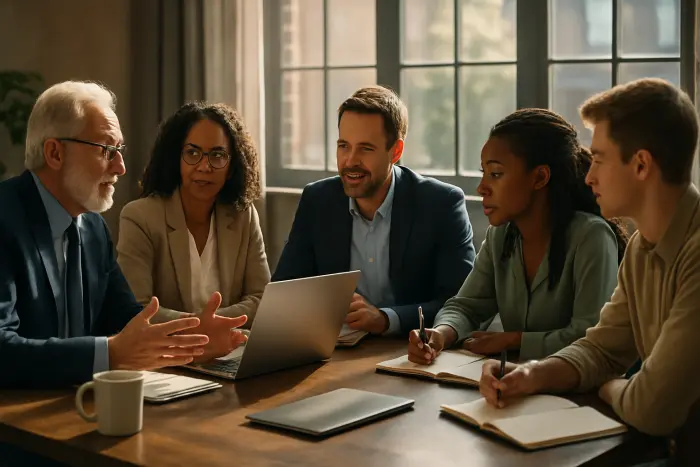 A diverse professional meeting with five distinct individuals representing different generations, from Baby Boomers to Gen Z, engaged in collaborative discussion around a modern conference table. The setting shows a blend of traditional and contemporary office elements with natural light streaming through large windows. Body language shows active engagement with a mix of digital devices and traditional notepads. The atmosphere conveys mutual respect and productive exchange of ideas across age groups. Photo-realistic, professional photography, high-resolution, natural lighting, authentic details. A diverse professional meeting with five distinct individuals representing different generations, from Baby Boomers to Gen Z, engaged in collaborative discussion around a modern conference table. The setting shows a blend of traditional and contemporary office elements with natural light streaming through large windows. Body language shows active engagement with a mix of digital devices and traditional notepads. The atmosphere conveys mutual respect and productive exchange of ideas across age groups. Photo-realistic, professional photography, high-resolution, natural lighting, authentic details.