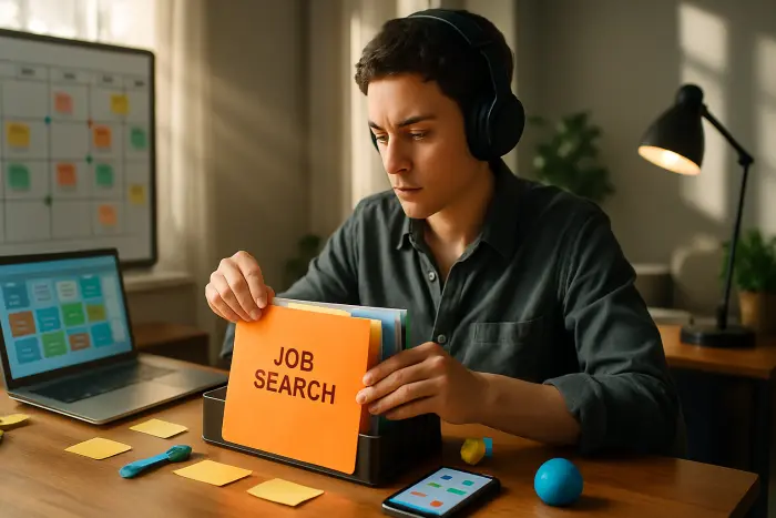 A person with a focused expression organizing a physical job search system at a desk with color-coded files, a visual calendar board, and digital devices showing organization apps. The workspace features accommodations like noise-canceling headphones, fidget tools, and sticky note reminders. Natural light streams in from a nearby window, and the environment has minimal distractions with clean, organized spaces. The scene conveys thoughtful organization tailored to neurodivergent needs. Photo-realistic, professional photography, high-resolution, natural lighting, authentic details.