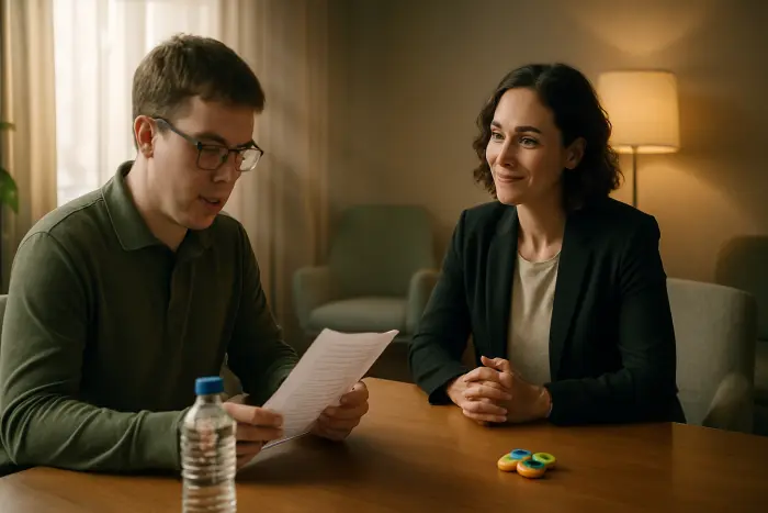 Two people in a mock interview scenario in a calm, sensory-friendly environment. One person, the interviewee, is referring to prepared notes while speaking, demonstrating authentic communication style without forced eye contact. The interviewer is listening attentively with an encouraging expression. The room features soft, adjustable lighting, minimal visual distractions, and comfortable seating. A water bottle and fidget tool are visible on the table. The atmosphere conveys professionalism with accommodation awareness. Photo-realistic, professional photography, high-resolution, natural lighting, authentic details.