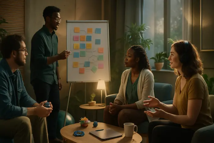 A diverse group of four professionals collaborating in a modern, sensory-friendly workspace. The room features adjustable lighting, comfortable seating arrangements, and noise-dampening elements. One person is standing at a whiteboard with colorful visual organization systems, while others are engaged in conversation with varied body language and communication styles. The space includes fidget tools, plants, and alternative seating options. The atmosphere conveys inclusion, creativity and professional collaboration. Photo-realistic, professional photography, high-resolution, natural lighting, authentic details.