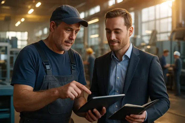 A skilled tradesperson (mid-40s) in work attire standing confidently in a manufacturing facility, reviewing documents with a supervisor. The worker is pointing to something on a tablet screen while the supervisor nods with interest. The environment shows modern industrial equipment in the background with other workers of various ages collaborating. The lighting is bright but natural, highlighting the professional interaction without focusing on any text. The scene conveys experience being valued in a blue-collar setting. Photo-realistic, professional photography, high-resolution, industrial setting, authentic workplace details.