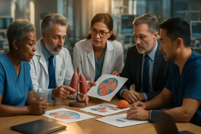 A diverse group of experienced professionals in a healthcare setting gathered around a conference table during a project meeting. The team includes people of various ages (40s-60s) and backgrounds in scrubs, lab coats, and business attire, suggesting different roles within healthcare. They're examining physical models or visual charts (no visible text) with engaged expressions and collaborative gestures. The modern medical facility environment is visible in the background with medical equipment and monitors. The scene conveys experienced professionals contributing valuable expertise in a specialized field. Photo-realistic, professional photography, high-resolution, natural lighting, authentic healthcare workplace details.