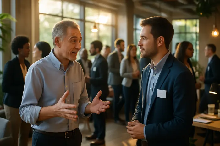 A professional networking event in a modern coworking space where a diverse group of job seekers interact with hiring managers. In the foreground, an experienced professional in business casual attire (mid-50s) is engaged in animated conversation with a younger hiring manager who is listening attentively. Their body language shows mutual respect and interest. The background shows a mix of professionals from various industries and age groups mingling in small groups. The space features contemporary furniture, plants, and natural lighting streaming through large windows, creating a warm, optimistic atmosphere. Photo-realistic, professional photography, high-resolution, natural lighting, authentic details.