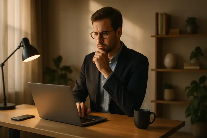 A professional at a modern standing desk in a home office environment, working on a laptop with a thoughtful expression. The space is well-organized with minimal decor, suggesting a focus on productivity. A smartphone sits nearby, subtly suggesting connectivity to professional opportunities. The lighting is warm and natural, creating an atmosphere of calm productivity. The person is dressed in business casual attire appropriate for video calls. No visible text or documents in the scene. Photo-realistic, professional photography, high-resolution, natural lighting, authentic details.