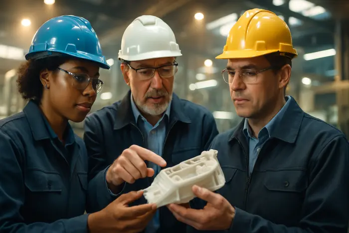 A diverse group of three manufacturing professionals in a modern industrial setting, examining a product prototype together. They're wearing appropriate safety gear while engaged in collaborative problem-solving. One person is pointing to a specific feature while others observe with interested expressions. The industrial environment shows advanced equipment in the background, suggesting innovation and expertise. The lighting creates a professional atmosphere highlighting their focused engagement. No documents, screens, or text visible. Photo-realistic, professional photography, high-resolution, natural lighting, authentic details.