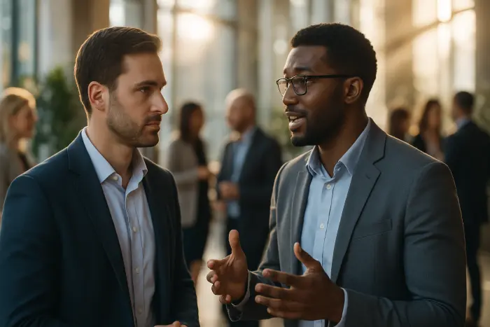 A professional networking event in a modern, bright venue with natural lighting. Two professionals engaged in conversation – one listening attentively while the other speaks with subtle hand gestures. The setting includes other professionals mingling in the background, creating an atmosphere of casual professional connection. The scene captures the essence of strategic networking without explicitly showing job searching. No visible text, documents, or screens. Photo-realistic, professional photography, high-resolution, natural lighting, authentic details.