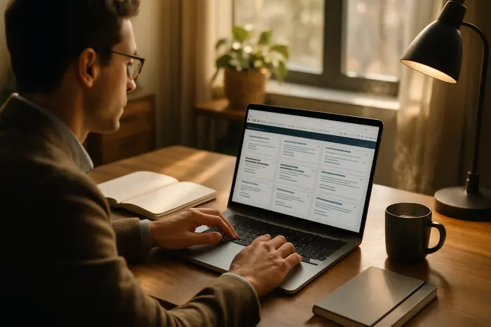 A person in casual professional attire searching for remote jobs on a laptop while sitting at a home office desk. Multiple browser tabs are visible showing remote job board websites. The workspace is well-organized with a planner, notebook, and coffee mug nearby. Natural light floods in from a nearby window, creating a warm, productive atmosphere. The person appears focused and engaged in their search. No text is visible on the screen. Photo-realistic, professional photography, high-resolution, natural lighting, authentic details.