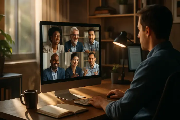 A diverse group of professionals engaged in a virtual team meeting displayed on a computer screen in a well-organized home office. The main screen shows five people of different ages, ethnicities, and professional attire having an animated discussion with positive expressions. The home office is neat with natural lighting streaming through a window, a professionally arranged desk with a secondary monitor, notebook, and coffee mug. The setup demonstrates a dedicated remote workspace with a comfortable ergonomic chair, houseplant, and organized shelving in the background. Photo-realistic, professional photography, high-resolution, natural lighting, authentic details.