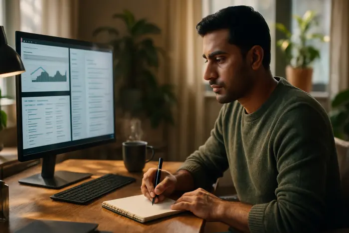A person of South Asian descent in their 30s sitting at a home office desk with multiple browser windows open on a computer screen showing salary comparison tools and job listings. They're taking notes on a blank notepad with a focused expression. The home office is well-organized with plants and natural lighting. The scene conveys research and preparation. No visible text on screen or papers. Photo-realistic, professional photography, high-resolution, natural lighting, authentic details.