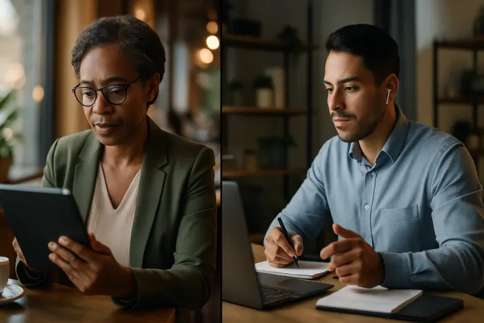 A split-screen composition showing two professionals in different settings preparing for salary negotiations. On one side, a Black woman in her 40s wearing business casual attire reviews information on a tablet while sitting in a bright cafe. On the other side, a Latino man in his 30s makes notes while on a video call in a modern home office. Both appear confident and focused. No visible text on any devices or materials. Photo-realistic, professional photography, high-resolution, natural lighting, authentic details.