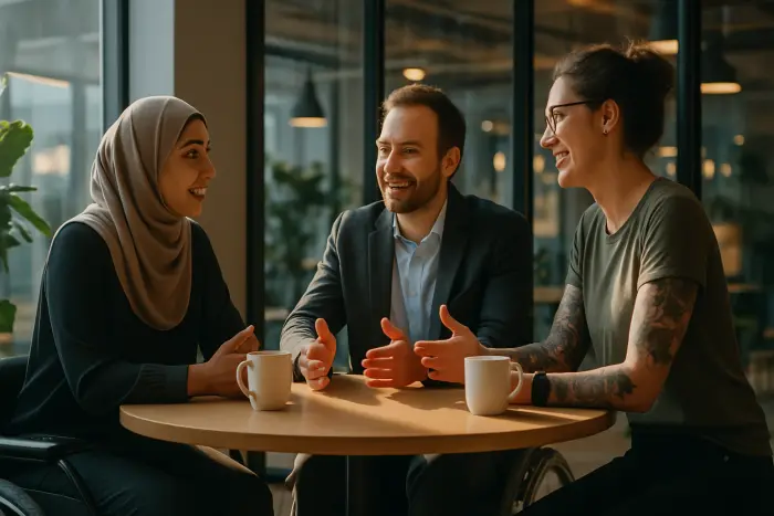 A diverse group of three professionals (including a woman in a hijab, a man in a wheelchair, and a person with visible tattoos) engaged in an informal discussion in a modern breakroom with glass walls. They're gathered around a high table with coffee cups, showing animated but professional body language. Their expressions convey sharing of advice and experiences. The environment is bright with contemporary office design elements. No visible text or documents. Photo-realistic, professional photography, high-resolution, natural lighting, authentic details.