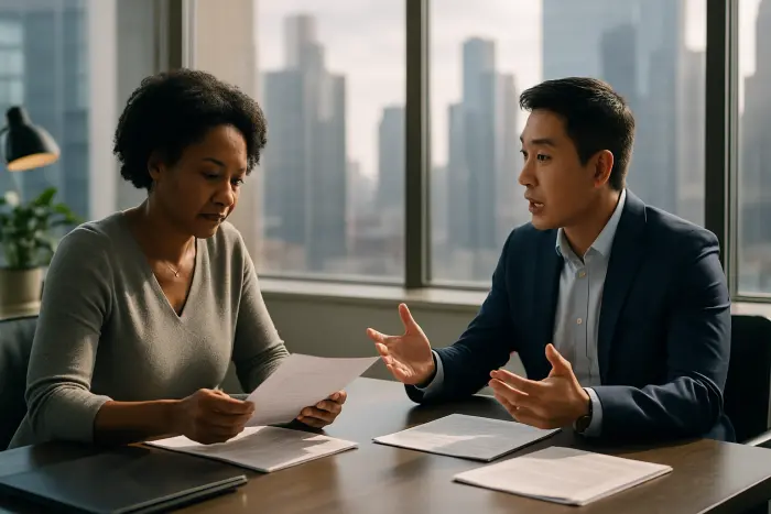 A diverse professional negotiation scene in a modern, bright office environment. Two people sit across from each other at a sleek conference table - one wearing business casual attire (a woman in her 40s with natural hair) reviewing documents thoughtfully, while the other (a man in his 30s of East Asian descent) gestures expressively while speaking. A large window shows a city skyline, with natural light illuminating the space. The atmosphere conveys respectful discussion with confident body language from both participants. No visible text on any surfaces or documents. Photo-realistic, professional photography, high-resolution, natural lighting, authentic details.