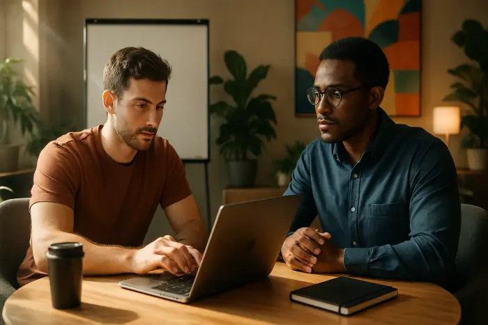 A professional skills assessment session in progress at a modern tech company. Two people sit at a comfortable table in a well-lit space with plants and contemporary furniture. One person demonstrates a practical skill while the other observes attentively, taking mental notes. Behind them, a blank whiteboard and colorful abstract wall art create a creative atmosphere. The setting shows a relaxed yet professional environment focused on capabilities rather than credentials. The lighting is warm and natural, highlighting genuine expressions of engagement and thoughtful evaluation. Photo-realistic, professional photography, high-resolution, natural lighting, authentic details.