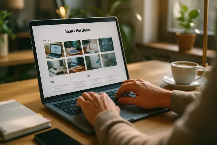 A close-up view of someone creating a digital skills portfolio on a laptop in a bright, modern co-working space. The person's hands are visible typing on the keyboard, with the screen showing a clean, organized layout of project thumbnails and skill categories (no visible text). On the table nearby are a notebook with colorful tabs, a smartphone, and a cup of coffee. The workspace includes plants and natural materials, creating a productive yet comfortable atmosphere. Soft natural light comes through nearby windows, creating a warm, inviting mood that emphasizes focus and creativity. Photo-realistic, professional photography, high-resolution, natural lighting, authentic details.