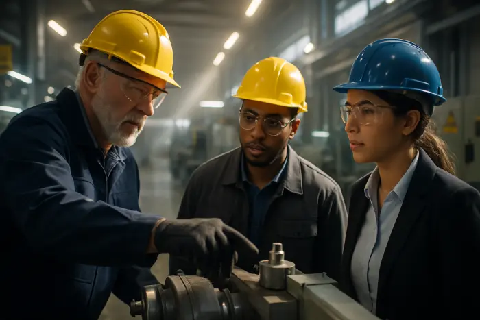 A career transition moment captured in a manufacturing facility. A diverse group of three professionals - one experienced worker in appropriate safety gear and two newer team members from different backgrounds - examine a piece of equipment together. The experienced worker is demonstrating a technique while the others watch attentively, showing the transfer of skills across different experience levels. The industrial setting features modern machinery, safety signage, and proper protective equipment. The lighting creates a dramatic yet clear view of the faces showing concentration, mentorship, and learning in progress. The image captures the essence of transferable skills and knowledge sharing in a non-office environment. Photo-realistic, professional photography, high-resolution, natural lighting, authentic details.