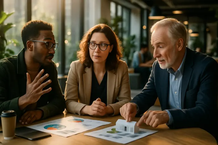 A diverse group of professionals collaborating in a modern, open workspace with large windows allowing natural light to stream in. The focal point shows three people of different ages and backgrounds engaged in animated discussion around a table with visual materials like charts and models (without any visible text). One person is gesturing expressively while explaining something, another is nodding thoughtfully, and the third is pointing to a physical model on the table. The environment includes plants, collaborative furniture, and a mix of professional attire styles ranging from business casual to creative workwear. The atmosphere conveys energy, innovation, and professional growth. Photo-realistic, professional photography, high-resolution, natural lighting, authentic details.