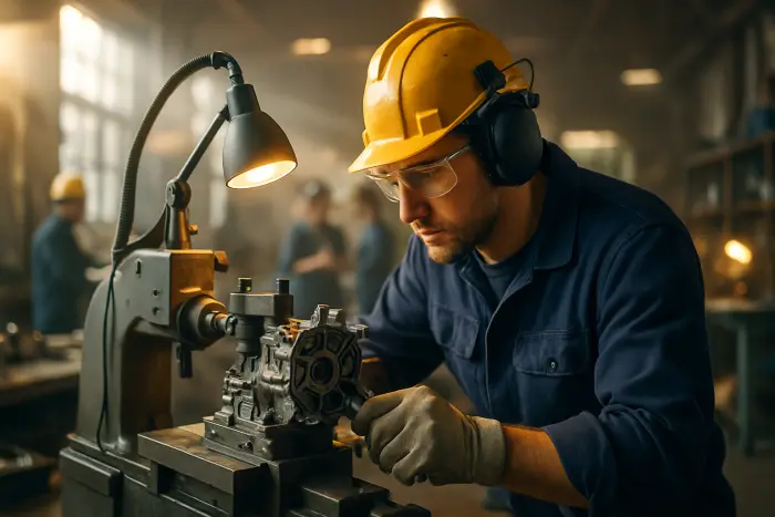 A skilled tradesperson in a workshop environment demonstrating technical expertise with specialized equipment. The person wears appropriate safety gear and is focused on a complex mechanical task. Other workers can be seen collaborating in the background. The workshop is well-organized with tools and materials visible. The lighting is bright but natural, highlighting the detailed work being performed. The image conveys competence, practical skills application, and professional expertise in a non-office setting. Photo-realistic, professional photography, high-resolution, natural lighting, authentic details.