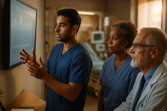 A healthcare professional in scrubs analyzing medical data on a wall-mounted display board (with no visible text). The person is using hand gestures to explain something to two colleagues in a modern hospital setting. The environment shows medical equipment in the background and features warm, professional lighting. The professionals represent diverse backgrounds and ages, all engaged in a collaborative discussion. Their body language shows active problem-solving and knowledge sharing. The scene captures skills demonstration in a healthcare context without any visible patient information or text. Photo-realistic, professional photography, high-resolution, natural lighting, authentic details.