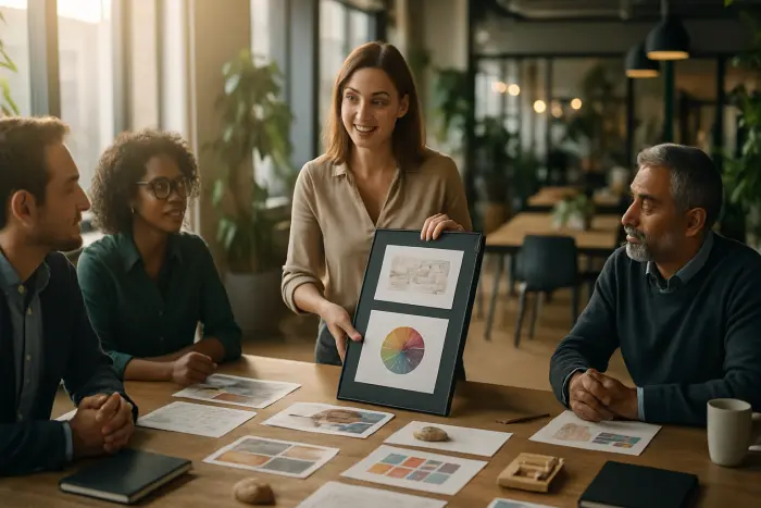 A diverse group of professionals gathered around a large table in a modern coworking space, actively engaged in a skills demonstration session. The focus is on a woman in her 30s wearing business casual attire who is confidently presenting a physical portfolio while others look on with interest. The space features natural light streaming through large windows, plants, and collaborative workspace elements. In the foreground, various work samples and project materials are spread across the table, representing different skill demonstrations. The atmosphere conveys professional growth, collaboration, and skills validation. No visible text, documents, or screens with writing. Photo-realistic, professional photography, high-resolution, natural lighting, authentic details. A diverse group of professionals gathered around a large table in a modern coworking space, actively engaged in a skills demonstration session. The focus is on a woman in her 30s wearing business casual attire who is confidently presenting a physical portfolio while others look on with interest. The space features natural light streaming through large windows, plants, and collaborative workspace elements. In the foreground, various work samples and project materials are spread across the table, representing different skill demonstrations. The atmosphere conveys professional growth, collaboration, and skills validation. No visible text, documents, or screens with writing. Photo-realistic, professional photography, high-resolution, natural lighting, authentic details.