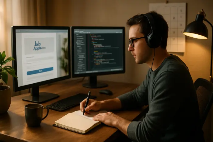 A person in casual professional attire sitting at a home office desk with multiple screens. On one screen is a job application portal, while the other displays an online learning platform with a coding tutorial. The person is taking notes in a notebook while wearing headphones. The workspace is organized with a plant, a calendar marked with both job interview dates and learning milestones, and a cup of coffee. The lighting is warm and natural, creating an atmosphere of focused productivity. Photo-realistic, professional photography, high-resolution, natural lighting, authentic details.