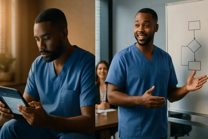 A split-screen view of effective job search upskilling in action. On the left, a healthcare worker in scrubs is practicing a new medical documentation system on a tablet during a break. On the right, the same person is confidently demonstrating their knowledge of the system during a job interview, gesturing toward a whiteboard with a simple workflow diagram. The interview setting shows a diverse panel of interviewers looking impressed. The composition uses contrasting lighting - warmer tones for the learning environment and cooler professional lighting for the interview setting. Photo-realistic, professional photography, high-resolution, natural lighting, authentic details.