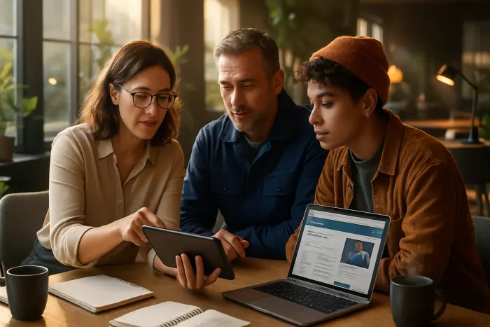 A diverse group of three professionals in a modern co-working space engaged in collaborative learning. In the foreground, a woman in her 30s wearing business casual attire is explaining something on her tablet to two colleagues - a man in his 40s in a trade uniform and a younger person in creative professional attire. The space has natural light streaming through large windows, with plants and contemporary furniture. On a nearby table are notebooks, a laptop displaying a learning platform, and coffee cups. The atmosphere conveys focused engagement and mutual support. Photo-realistic, professional photography, high-resolution, natural lighting, authentic details.