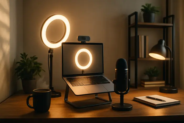 A well-organized home office setup optimized for virtual interviews. The space features a desk positioned against a neutral wall with minimal decorations, a laptop elevated to eye level using a stand, an external webcam mounted at the top of the monitor, and a ring light positioned to provide even facial illumination. A quality microphone sits on the desk, and the background includes a few professional touches like a small plant and simple bookshelf. The lighting is bright but diffused, creating a professional appearance without harsh shadows. Photo-realistic, professional photography, high-resolution, natural lighting, authentic details.