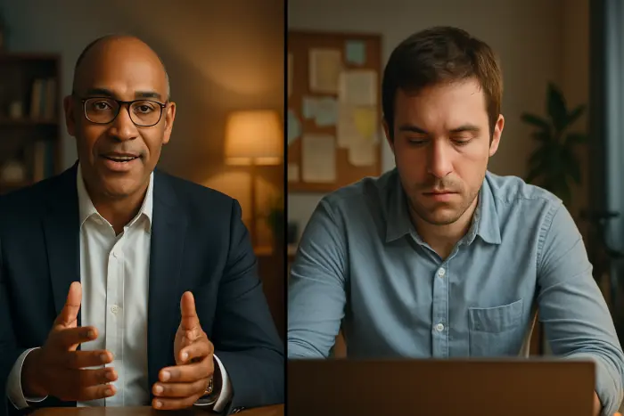 A split-screen view of two different candidates during virtual interviews, demonstrating effective versus ineffective body language. On the left, a professionally dressed person of color in their 40s maintains excellent posture, looks directly at the camera, and shows engaged facial expressions with a slight smile. Their hands are visible making a natural gesture, and they're properly framed in the shot. On the right, another candidate looks down at their screen instead of the camera, has poor posture, appears too close to the webcam, and has distracting elements in their background. The contrast highlights the importance of virtual body language and framing. Photo-realistic, professional photography, high-resolution, natural lighting, authentic details.